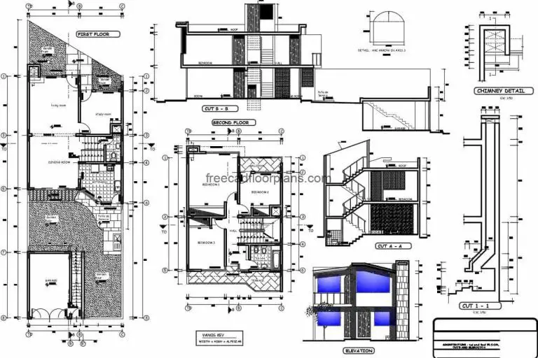 One-family house of two levels before a complete architectural project with dimensions, sections and elevations, plans with structural details and defined spaces. Blueprints for free download in Autocad DWG format, editable, simple small residence.