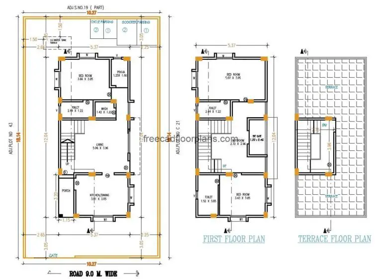 Architectural design and dimensioning plans for a two-level rectangular residence with three bedrooms in total, simple residence of modest dimensions for easy construction, dimensioned plans and defined interior spaces. Architectural Residence Blueprints for free download of Autocad DWG format editable plans.