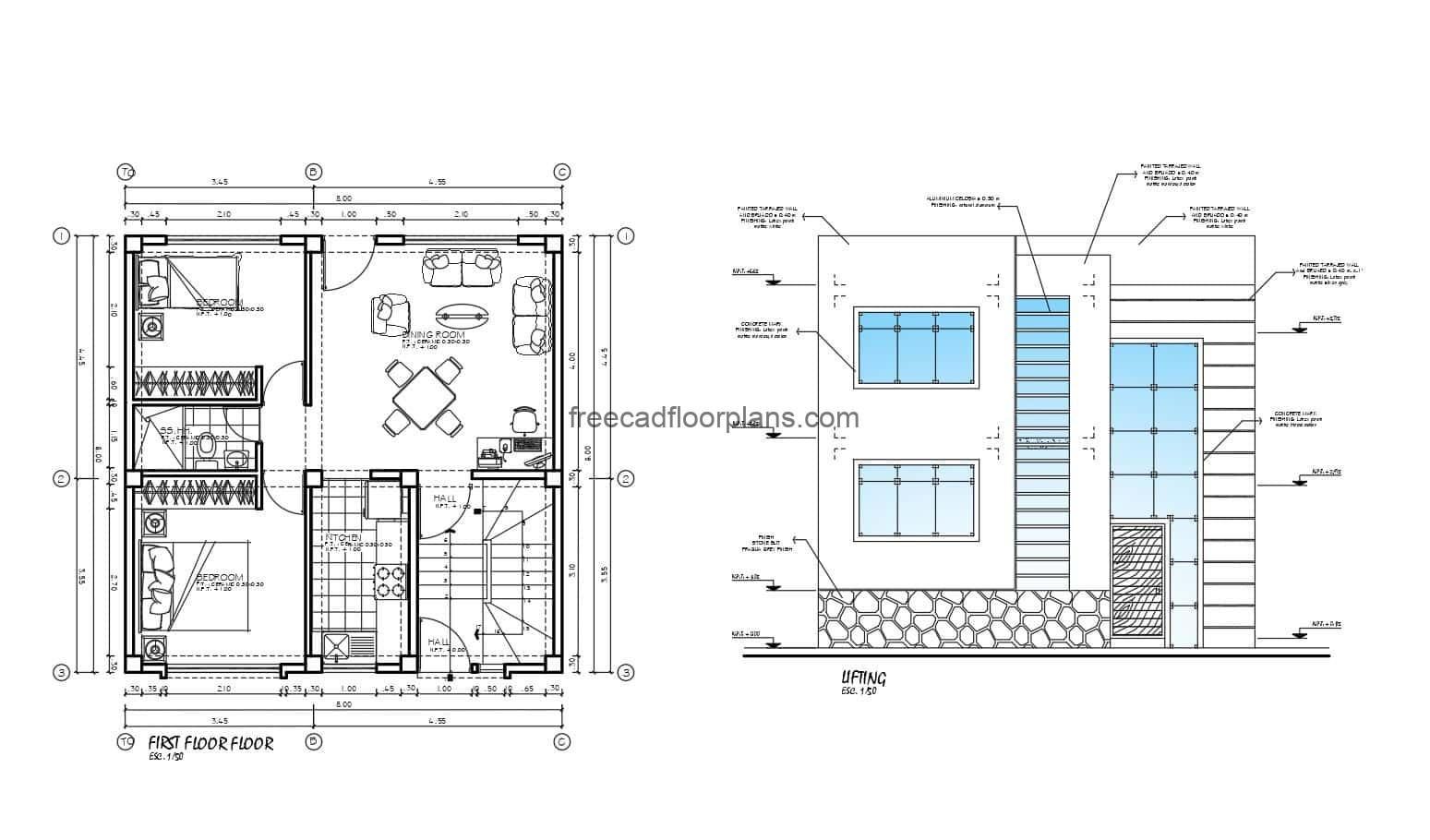Architectural plan of individual small house on two levels with modern style facade, the basic and small distribution residence has two bedrooms with a shared bathroom, living room, small kitchen and stair block to the other living unit. 2D drawings in AutoCAD DWG format for free download, editable blueprints with dimensions and interior architectural plan with AutoCAD blocks.