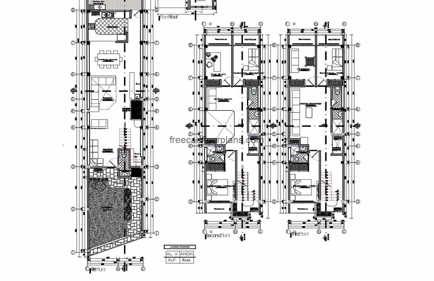 Three-level elongated residence Plans with elevations and sections for free download in autocad, editable blocks in DWG, free residence blueprints