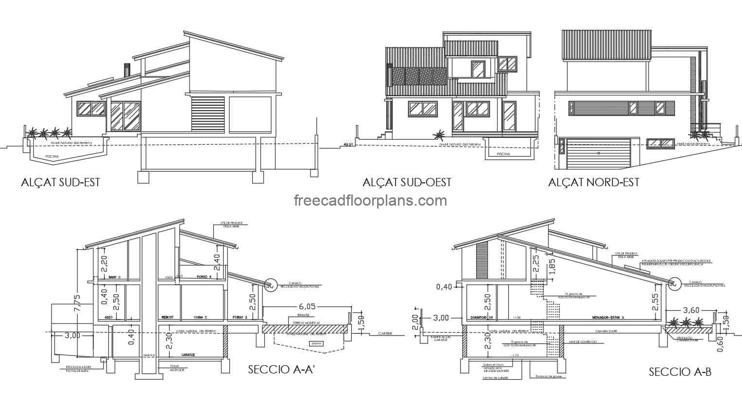 Complete preliminary plans for a two-storey residence with a modern style and a basement for vehicle parking. The residence has sloping roofs, three rooms in the second level area and social area in the first level. Complete set of plans in Autocad DWG format, architectural plans, dimensions, elevations, sections, toilets, foundations, for free download. Complete editable blueprints.