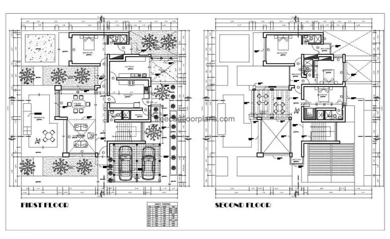 2D Plans for free download in DWG format of modern style residence Autocad two levels, spaces distributed in social area in the first level with parking for two vehicles, living room, dining area, kitchen, pantry, laundry area, patio with BBQ area and garden. Second level private area with terrace, three bedrooms with independent bath, the house in total has four bedrooms. Detailed 2D blueprints for free download, with blocks and DWG furniture from Autocad.