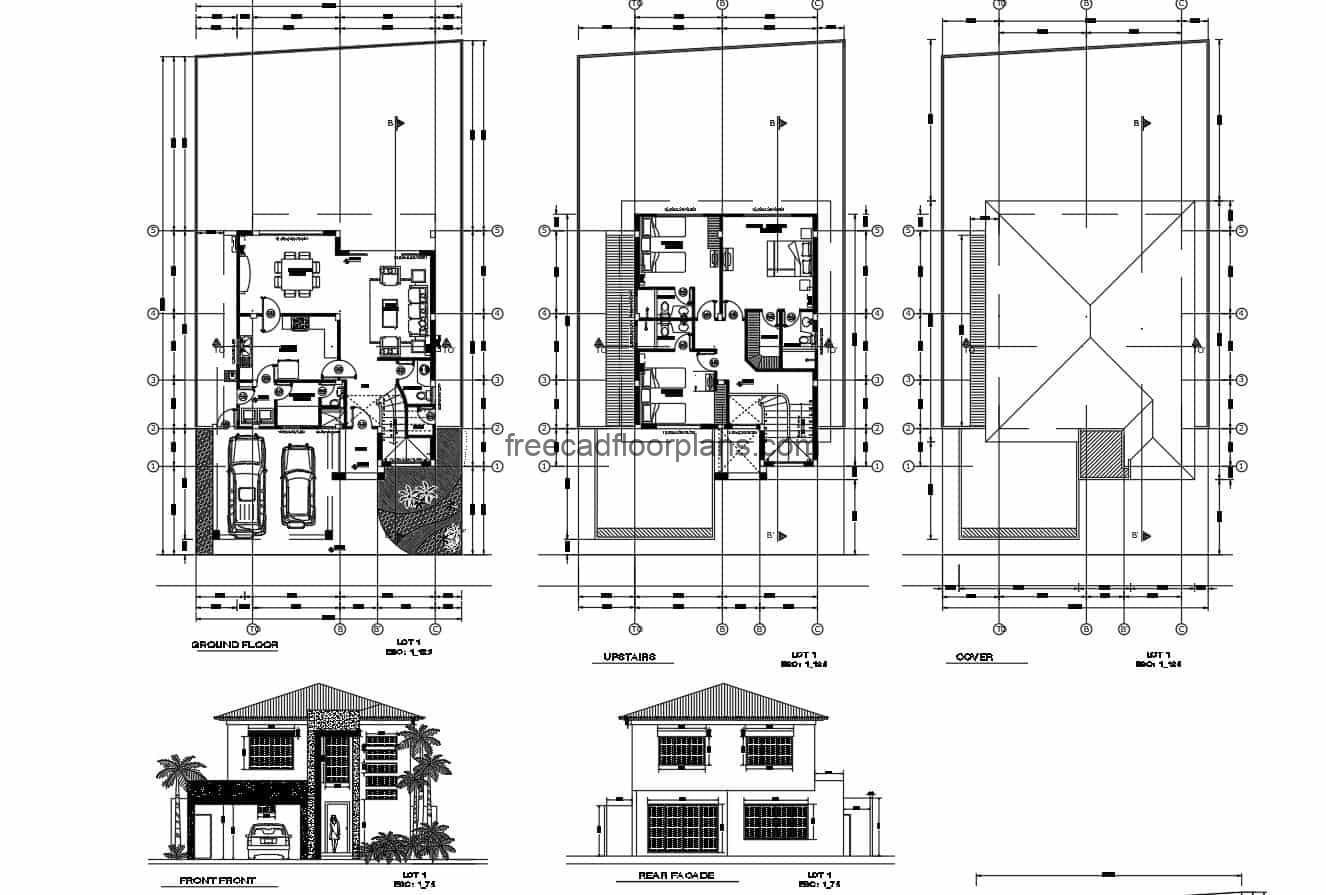 Architectural design in Autocad DWG format with architectural plants furnished with Autocad blocks, and dimensioned plants, elevations, sections, overall plant and construction details, two-level residence with modern style and four bedrooms.