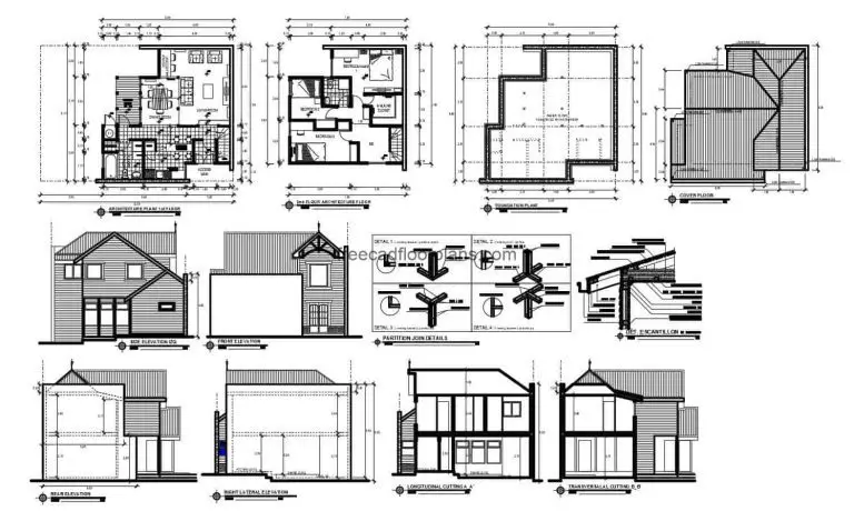 Architectural plans of complete project of farm house of two levels with design of inclined roofs to several waters, social areas in the first level with living room, dining room, kitchen, area of laundry and bath, terrace, second level has three rooms with shared bath. 2D plans in Autocad DWG format for free download with interior blocks and furniture edits