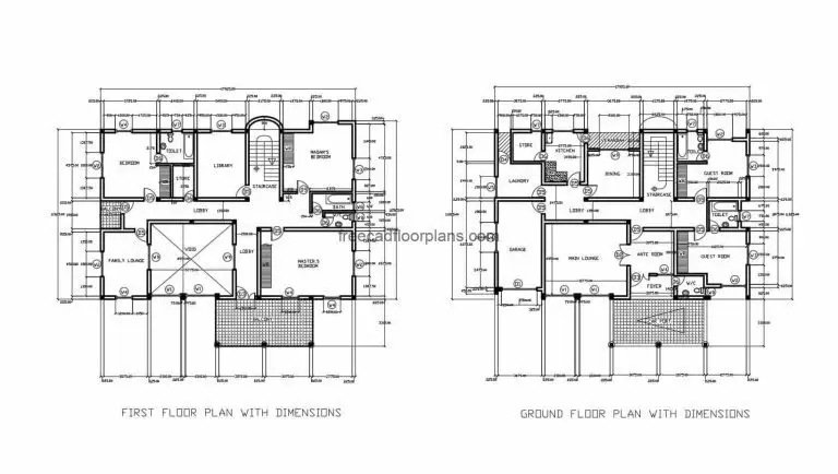 Architectural and dimensioned plans of a two-level duplex residence with sloping roofs and five bedrooms in total, the project contains architectural and dimensioned plans, facade elevations, sections, roof plan and details of doors and windows. File for free download in Autocad DWG format, 2D drawing with editable Autocad blocks.