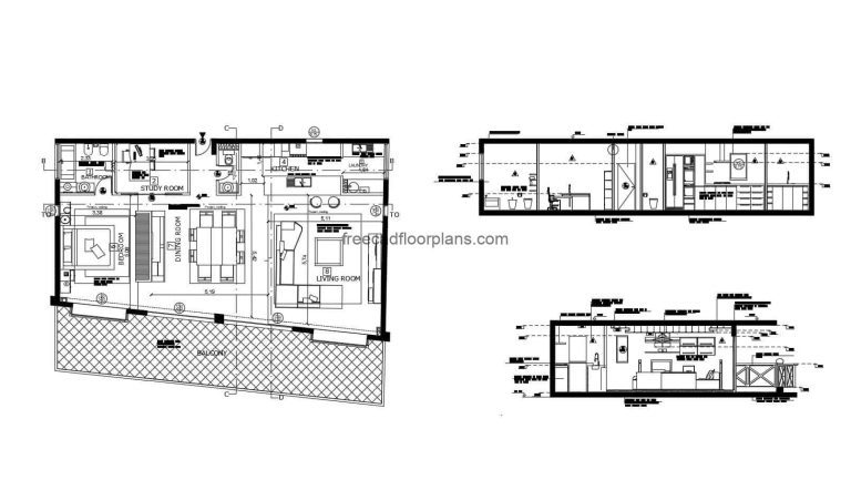 2D plan in DWG format of loft in one bedroom apartment with large front terrace, living room, dining area, kitchen with breakfast area and study room. The plan has elevations and sections with details of interior materials. CAD project for free download in 2D DWG format
