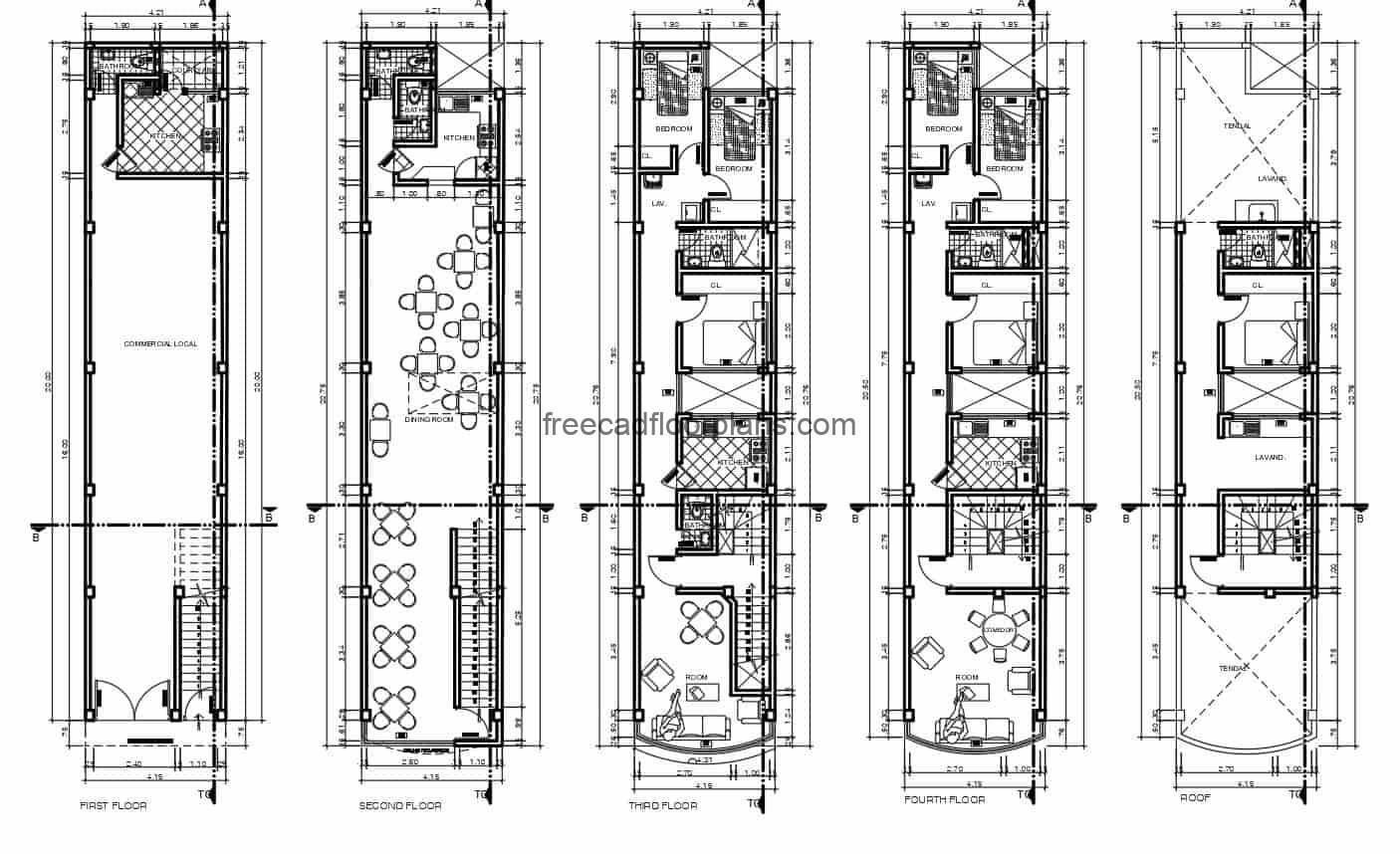 Complete architectural 2D DWG project of residential building plans of four levels in elongated contretto, architectural plans with dimensions, electrical, sanitary and structural plans, details of doors and windows, beams and columns in reinforced concrete. CAD floor plans DWG for free download