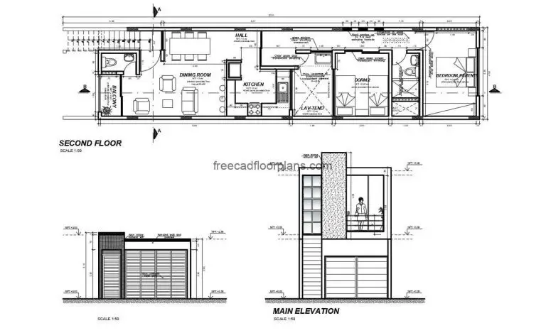 Architectural plans 2D format DWG of Autocad of simple small residence with modern style facade, of two rooms with shared bath, living room, balcony, kitchen, dining room and laundry area. CAD plans for free download, editable autocad blocks