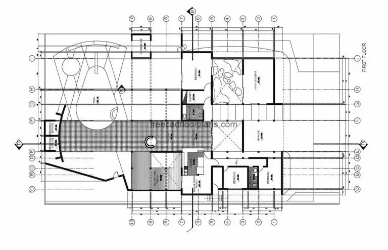 One-level house with pool and study room, with four bedrooms in total, living room, garage for two vehicles, kitchen, dining room, laundry area and service room. Architectural plans, dimensions, elevations and sections with details. CAD DWG plans for free download, simple concrete house.