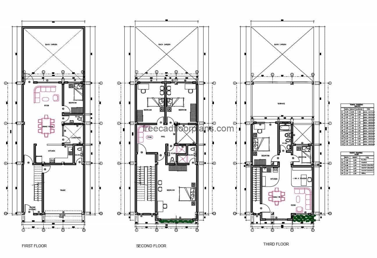 Complete architectural project in 2D DWG of Autocad residence of three levels with six rooms in total, the project contains architectural plans, dimensions, facade elevations, sections, in addition electrical plans, sanitary, foundations, structural details. Complete set of 2D architectural plans for free download in DWG format