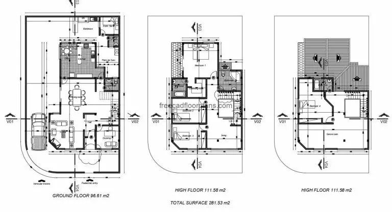 Three-storey Four-bedroom House Autocad Plan, 312201
