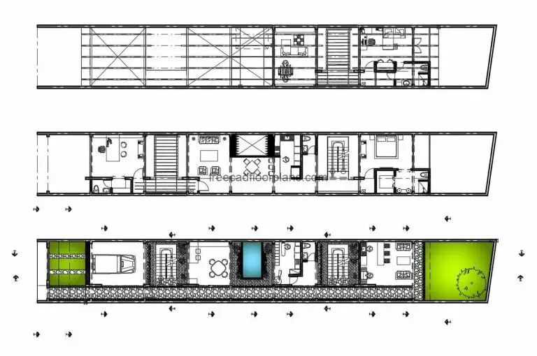 2D plans in Autocad DWG format of narrow and elongated three-level residence, architectural plans, dimensioning, details of materials and structure, sections, elevations.