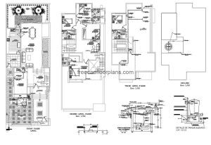 Architectural and dimensional 2D plans in Autocad DWG format for free download of two-level residence with rooftop with service room. Four rooms in total excluding service room, floor plan with details of sanitary installation. Dimensioned and detailed floor plan for free download in DWG format with Autocad interior blocks.