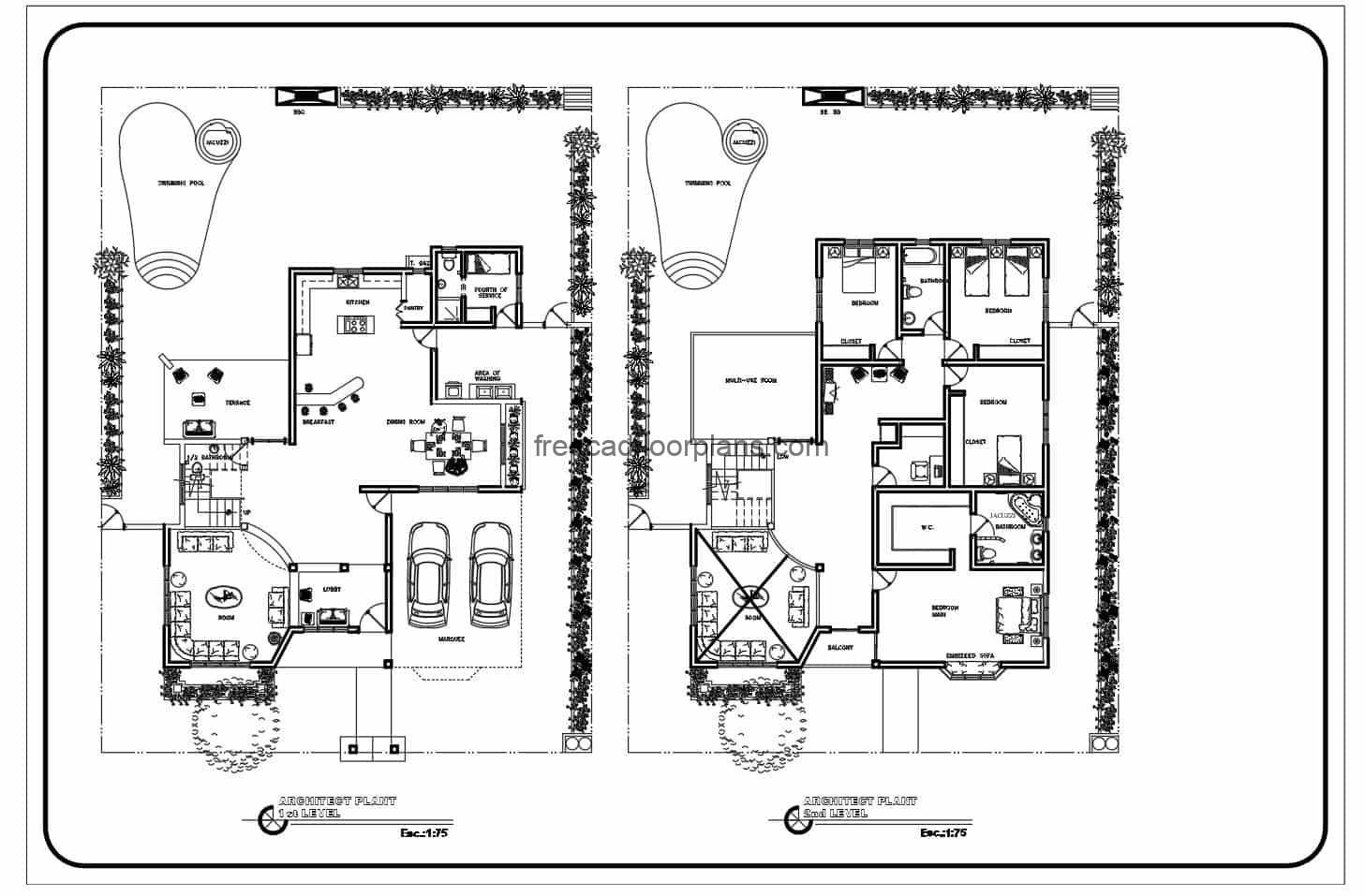 2D architectural plans of complete project in Autocad DWG format of concrete house of two levels with four rooms in total. double canopy on the first floor, living room, lobby, half bathroom under the stairs, breakfast room, kitchen, laundry area, rear terrace with swimming pool. Second level private area with family room and four bedrooms, with multipurpose room. 2D blueprints editable CAD for free download