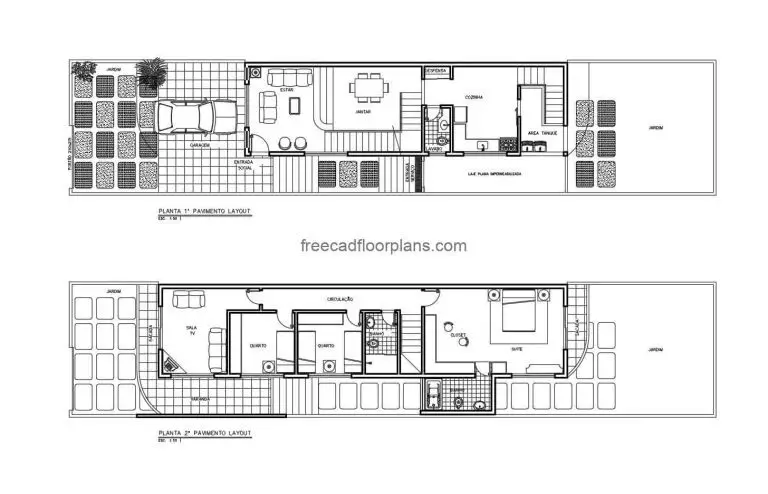 Complete executive project of architectural and dimensioned plants 2D in DWG format of Autocad residence of two levels with three rooms. First level with garage, living room, dining room, kitchen, bathroom, service area and garden, second level with three bedrooms with two bathrooms and TV room. Blueprints for free download.