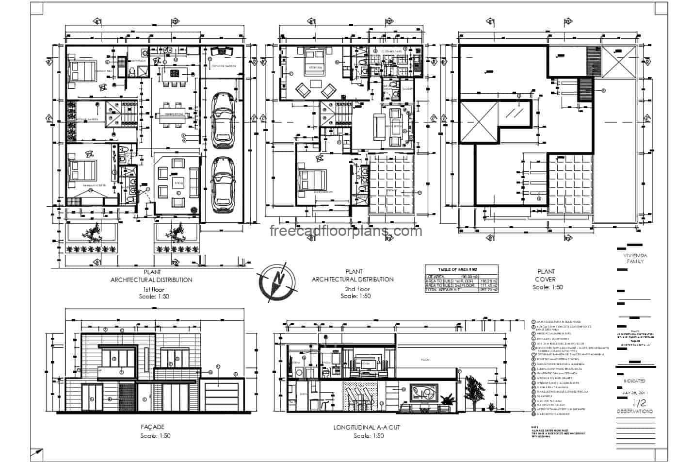 2D plans of a complete pre-project of a modern residence of two levels of concrete with four rooms in total divided into two levels, first level, parking for two vehicles, two bedrooms, living room, kitchen, dining room, laundry area and three bathrooms Second level private area with two bedrooms, family room and terrace. Plan with interior details in Autocad DWG format for free download.