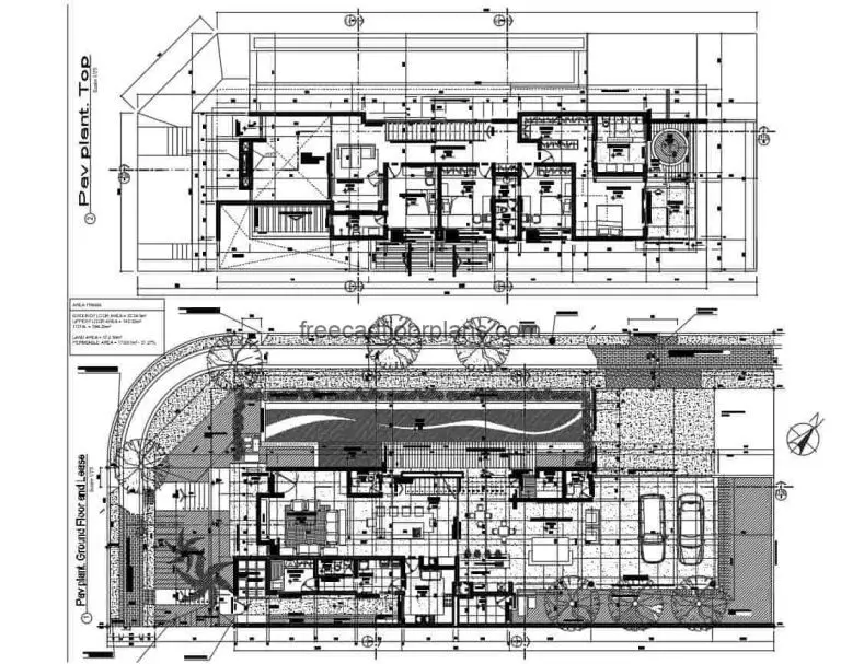 plans of modern residence of two levels with four rooms in the second level, rectangular plant extended with swimming pool in area of terrace of first level, living room, dining room, familiar area, area of washing and room of service. CAD 2D DWG plans of Autocad for free download, residence with architectural plans, dimensonados, modern facade, sections and details of construction