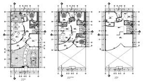 2D plans in DWG format of Autocad residence of two levels with three rooms in the second level and room of service in the first level, rectangular distribution with curved interior walls. CAD plans for free download, architectural plan, dimensioning, sections and elevations, complete project drawn in Autocad.