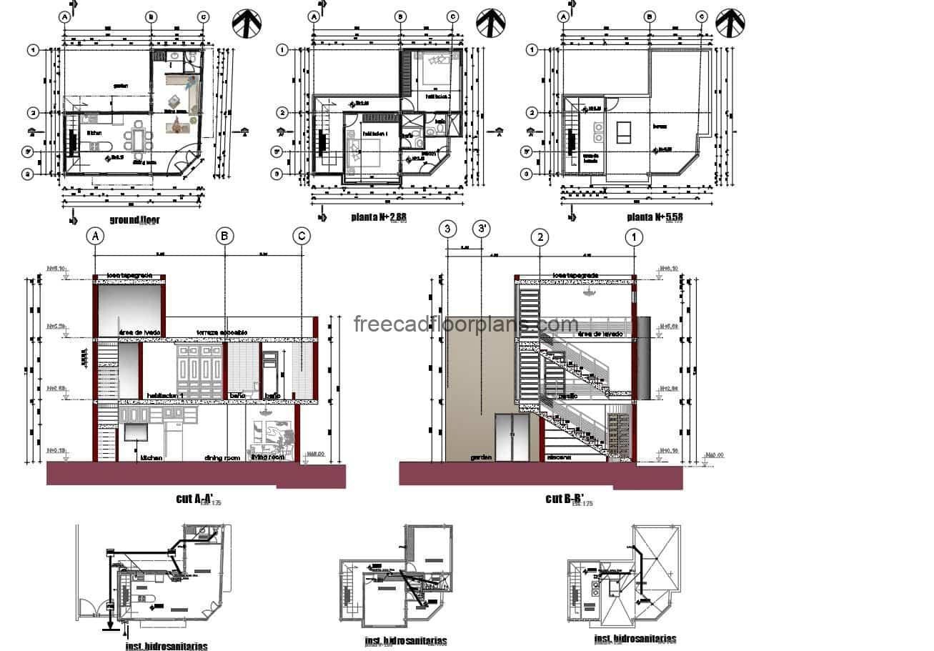 Small residence plan of two levels 2D in Autocad DWG format, complete architectural project with dimensioned plants, furnished, sanitary plans with isometrics, facades, sections. Design of small residence with two bedrooms, two bathrooms, living room, kitchen, dining room and balcony. Plans for free download.