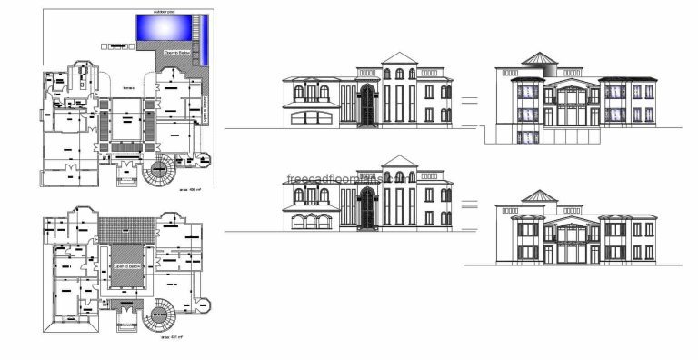 Architectural and dimensional plans of a large villa, in Autocad DWG format, two-level villa with elevations and sections, with four rooms on the second level and a circular staircase. CAD 2D DWG plans for free download in AutoCAD format