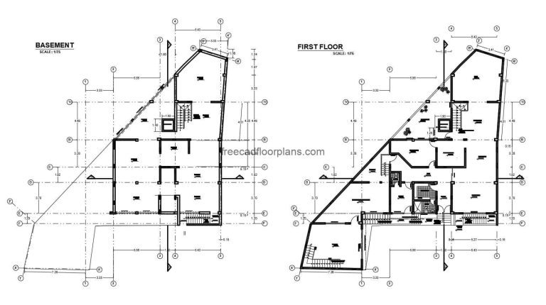Residence with 2D plan of irregular style of three levels with basement, complete project in Autocad DWG format, architectural plans, sizing, elevations, sections, technical detail plans, sanitary, electrical, structural. Isometrics, foundation plans. Cad DWG files for free download.