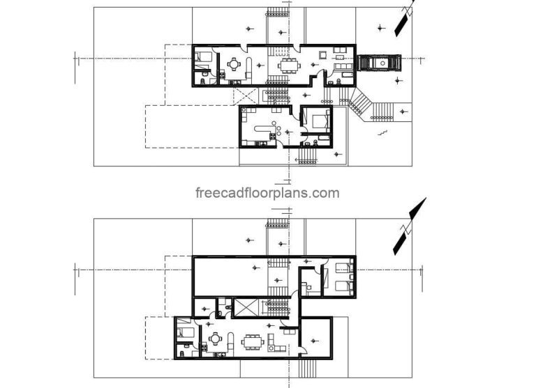 Architectural project in DWG of simple individual duplex house, each house has three bedrooms per level, living room, three bathrooms, kitchen, laundry area, dining room. Plans for free download in DWG CAD format, complete project with all technical, structural, sanitary and electrical plans.