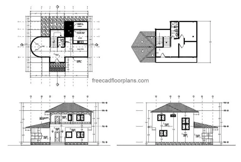 Architectural 2D plans in DWG format for a two-level country residence with sloping ceilings, simple dimensions, curved living room, kitchen and dining room, half bathroom on the first level. Second level, terrace with two bedrooms and shared bathroom. CAD Plans DWG for free download.