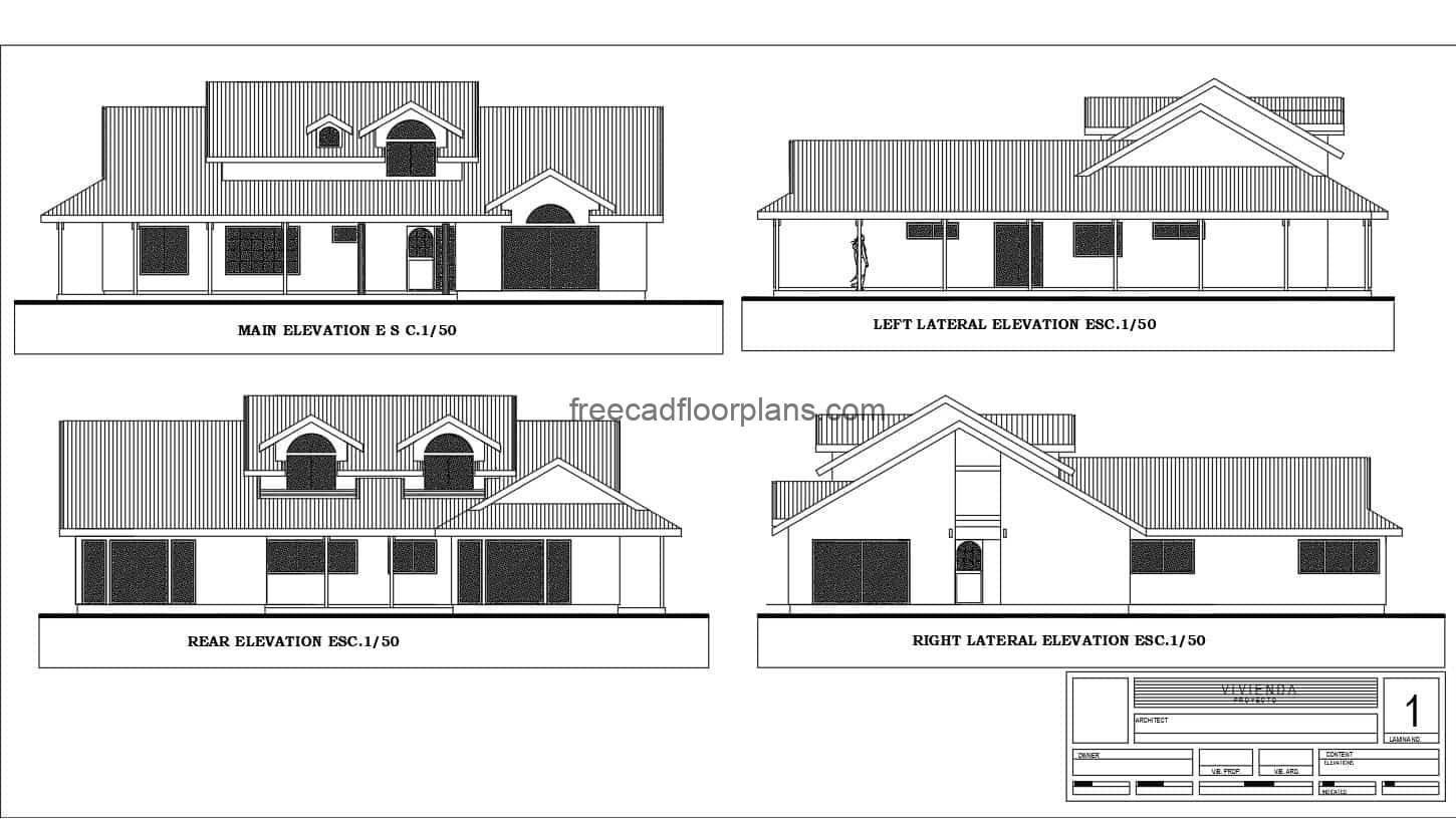 Complete farmhouse architectural project in 2D Autocad DWG format, with furnished architectural floor plan with editable blocks and dimensioned floor plan, elevations, sections and details. The Farmhouse has six bedrooms in total, four in the first level and two in the second level, living room, foyer, kitchen, dining area, and four bathrooms in total. CAD plans for free download.