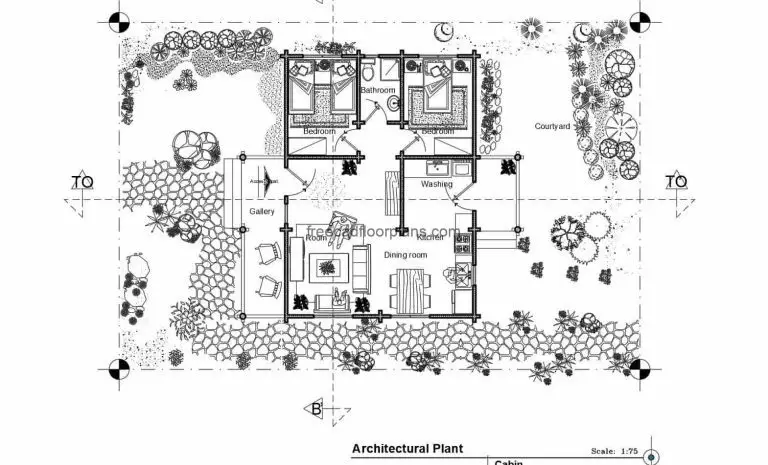 2D CAD project of architectural plans of farmhouse with two bedrooms, front terrace, living room, kitchen, dining room, laundry area and a bathroom, with large patio area. Blueprints in DWG for free download, interior autocad blocks.