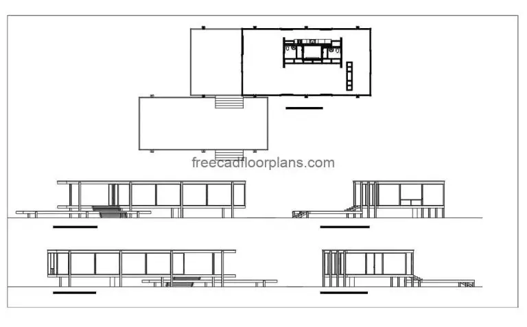 Planos Dwg Autocad de la casa Farnsworth de Ludwig Mies van der Rohe, plano de la residencia de estilo minimalista moderno para descargar gratis
