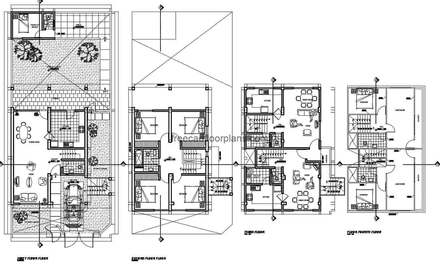 Family residence of four levels with six rooms in total, complete project in Autocad DWG format, first level garage for one vehicle, living room, half bath, kitchen, dining area, interior garden and service area. Second level with four rooms with shared bathroom, third and fourth level another independent residence with living room, kitchen, dining room, with two bedrooms and game rooms. 2D CAD plans for free download in DWG format