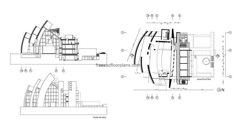2D architectural plans with facade of famous Jubilee church, designed by architect Richard Meier