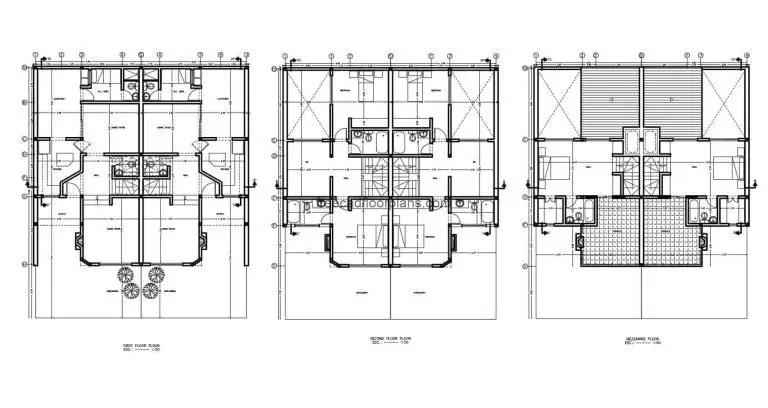 2D plans of two-level residence with mezzanine and six rooms in total, the upper rooms have access to front terraces, the house has sloping ceilings and works with duplex style. Each side of the house has three bedrooms ,two bathrooms, living room, dining room, garden area. Cad DWG plans for free download, sized floor plan, elevations, sections, details, Autocad blocks.