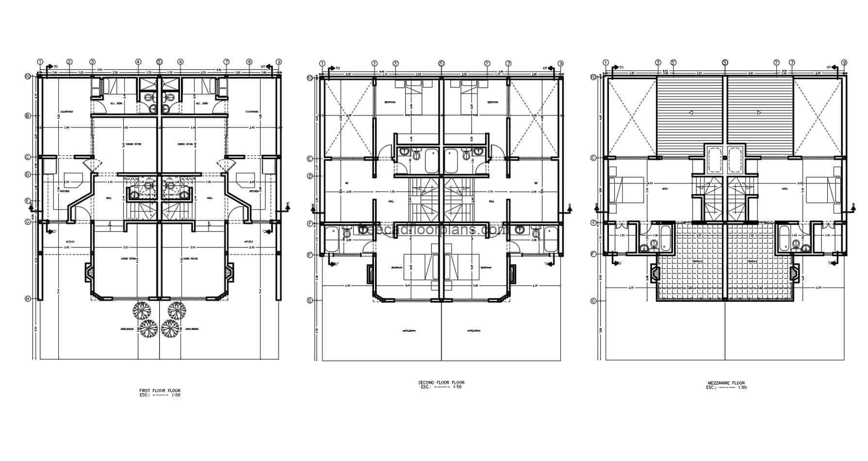 2D plans of two-level residence with mezzanine and six rooms in total, the upper rooms have access to front terraces, the house has sloping ceilings and works with duplex style. Each side of the house has three bedrooms ,two bathrooms, living room, dining room, garden area. Cad DWG plans for free download, sized floor plan, elevations, sections, details, Autocad blocks.