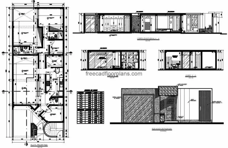 Architectural plans of a simple residence of one level with modern facade and projected in concrete, the residence is composed of three bedrooms, living room, kitchen, dining room, rear terrace, laundry area and two and a half bathrooms. DWG CAD plans for free download, dimensional, architectural and facade plans.