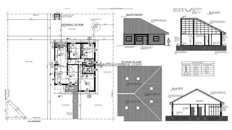 Complete project of architectural plans in Autocad DWG format of small bungalow of a single level with three bedrooms and shared bathroom, living room, dining room, kitchen, laundry area and terrace. The project is composed of architectural plans, dimensions, elevations, sections, sanitary plans, electrical, wood details and tello. CAD 2D plans for free download.