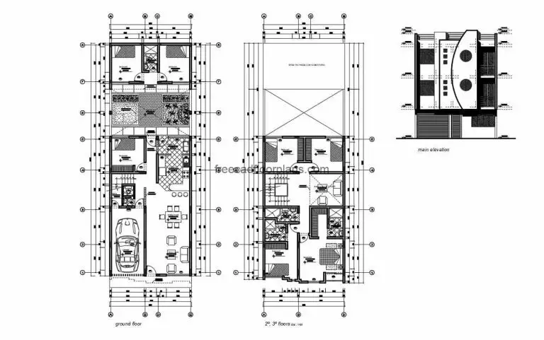 Complete CAD project of plans for a three level residential building, first level basic distribution with garage for one vehicle, living room, kitchen, dining room, three bedrooms and two bathrooms, backyard with laundry area. Second and third level, same distribution with family room, four bedrooms and three bathrooms. Project contains architectural plans, dimensions, facades, sections, electrical plans, sanitary, structural plans, foundation, construction details. CAD plans for free download in Autocad DWG format, with Autocad furniture blocks furnished by interior spaces, dimensioned plans with measures and details.