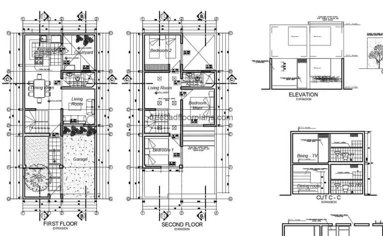 Three-bedrooms Two Storey Concrete Residence, Autocad Plan 2112201