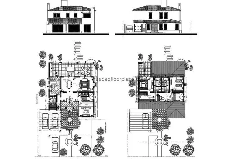 Architectural and dimensional 2D DWG plans including facade, sections and details of a small two-level villa with two bedrooms with separate bathrooms on the second level. First level with living room, kitchen, dining room, library, grill area in the patio. DWG CAD plans for free download.