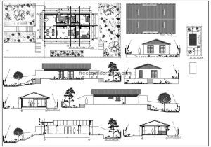 Complete project drawn in 2D DWG plans in Autocad of a simple one level house with three bedrooms, living room, kitchen, dining room and two bathrooms, the residence also has a garage for vehicles and front, side and back garden area. Free downloadable plans in DWG format with architectural floor plan, dimensioned, elevations, sections.