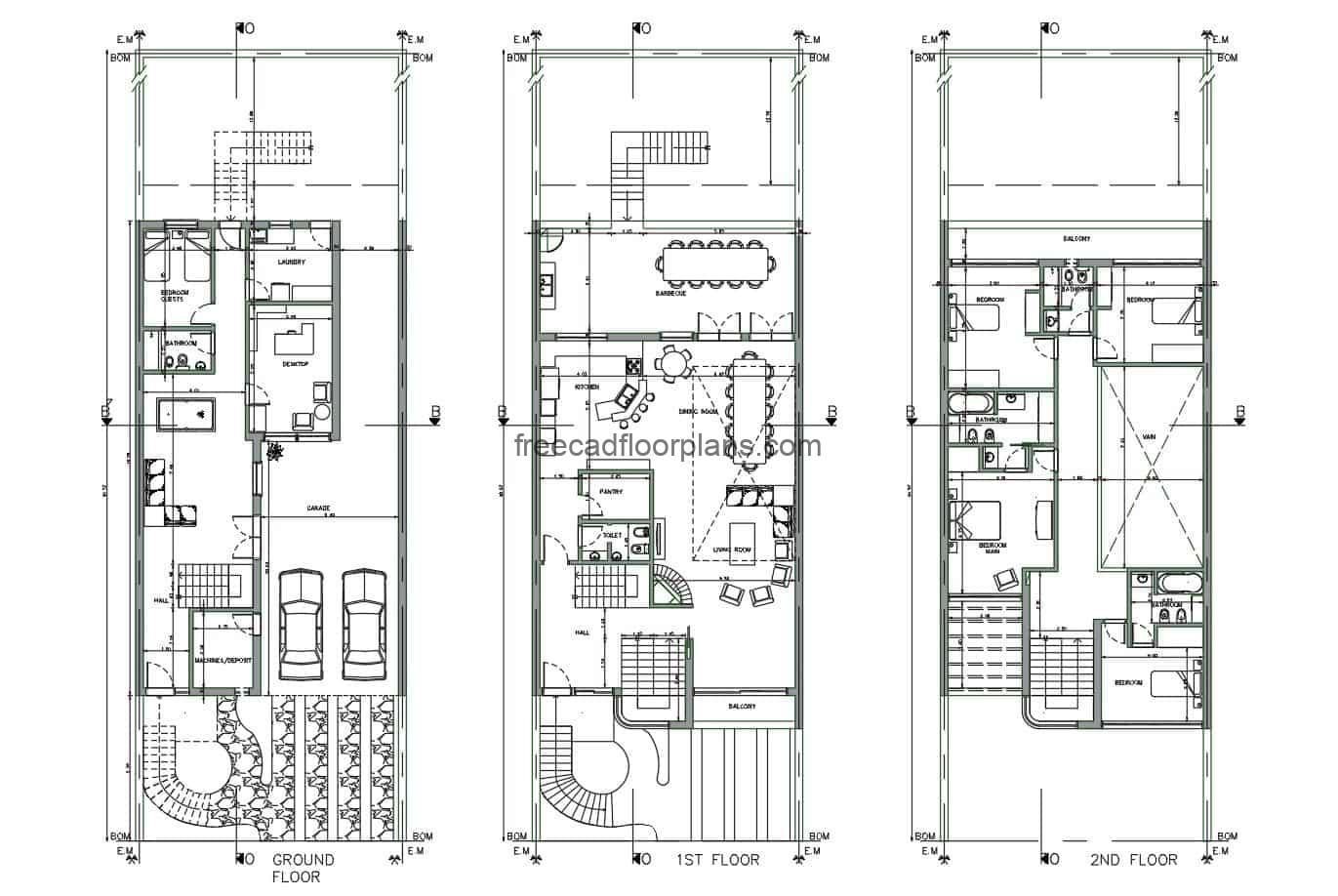 Three level and four bedroom house with slylight on the roof, the residence has basic distribution in the first level has a guest room, play area, office, garage for two vehicles, laundry area, second level living room, kitchen, bbq area and balcony and third level has a private area with four bedrooms. Plans drawn in Autocad DWG format, architectural and dimensional plants, with structural details for free download