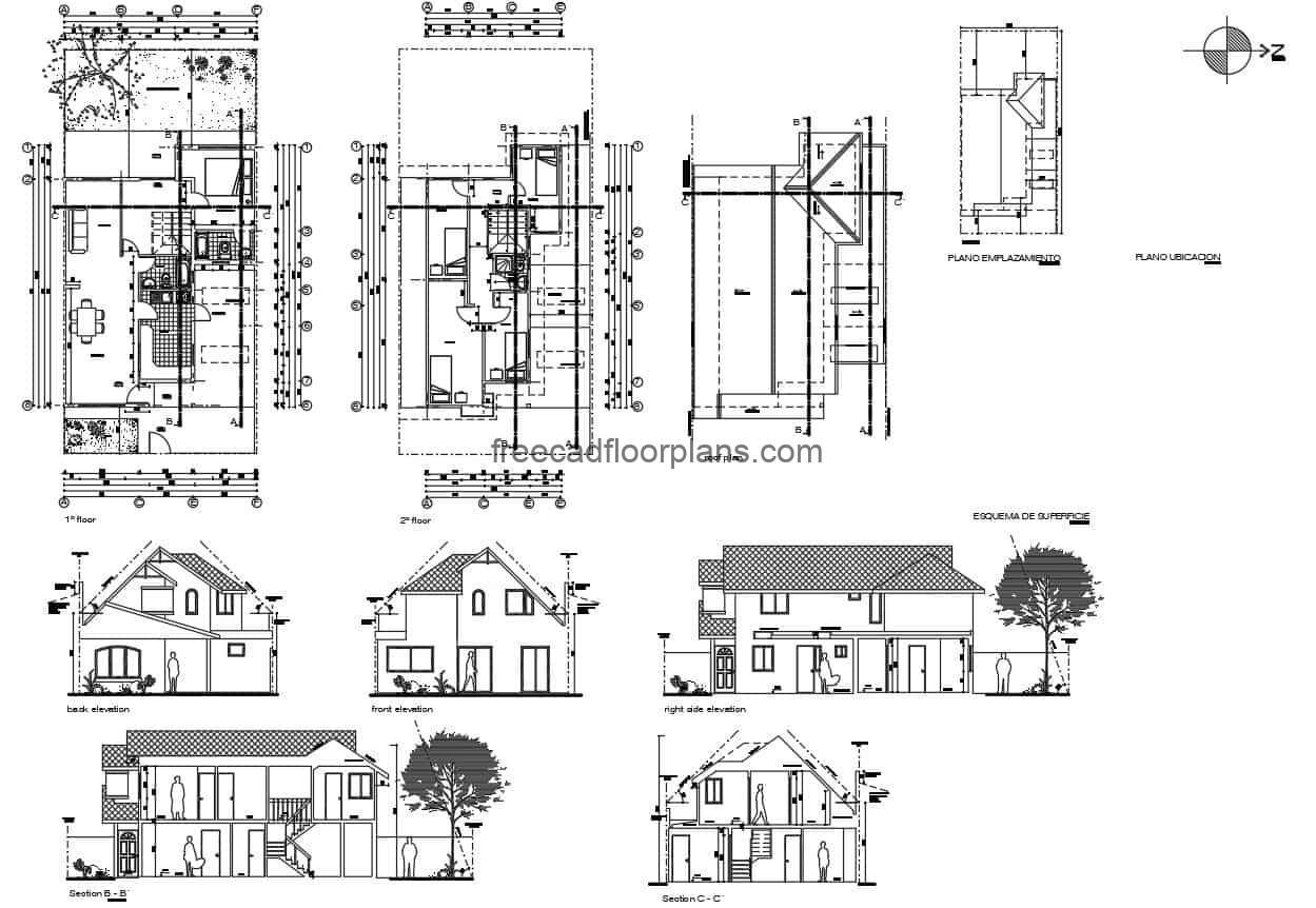 2D Autocad floor plan for a simple two level residence with basic dimensions, distribution of spaces with five bedrooms in total, master bedroom on the first level and four bedrooms on the second level. Living room, kitchen, dining room, garden area on first level. Autocad DWG drawings for free download, with dimensioned plans, and elevations.