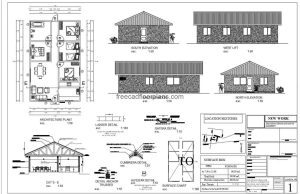 2D architectural project plan of a country house with four bedrooms, living room, kitchen, dining room and shared bathroom. The project contains architectural plans, dimensions, elevations, details of wooden structure, foundation plan. Plans for free download in DWG format from Autocad.