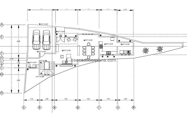 2D DWG project of architectural and dimensional plans, including technical electrical, sanitary and structural plans of modern style residence with triangular shape due to the land. The project also has the land with the contour lines, the residence has a basic distribution with three rooms on the second level. Drawings in Autocad DWG format for free download.