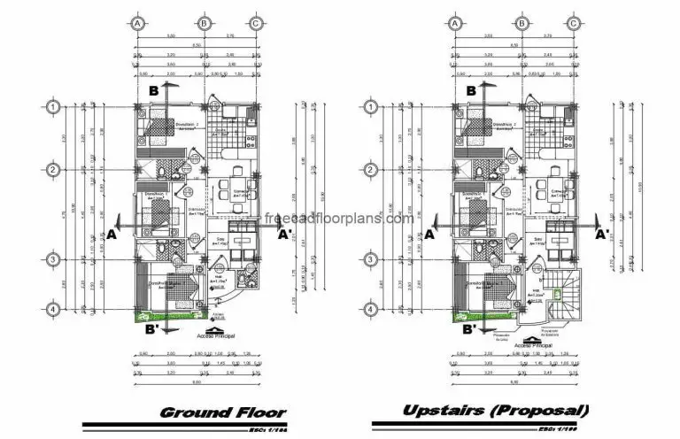 2D DWG Plans of Two Level Residence Individual houses of autocad, each residence has three bedrooms in simple distribution, living room, kitchen and dining room, with two and a half bathrooms. Basic and simple distribution, plans for free download in Autocad DWG format.