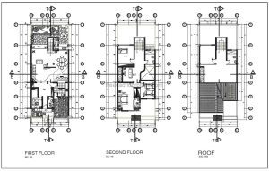 DWG floor plan of a two and a half level residence with three bedrooms in the private area of the second level, basic layout, living room, kitchen, dining room, front and back garden, indoor bar and laundry area. The roof area has a bedroom and bathroom, free downloadable plans in DWG format with dimensions and foundation and floor plans.