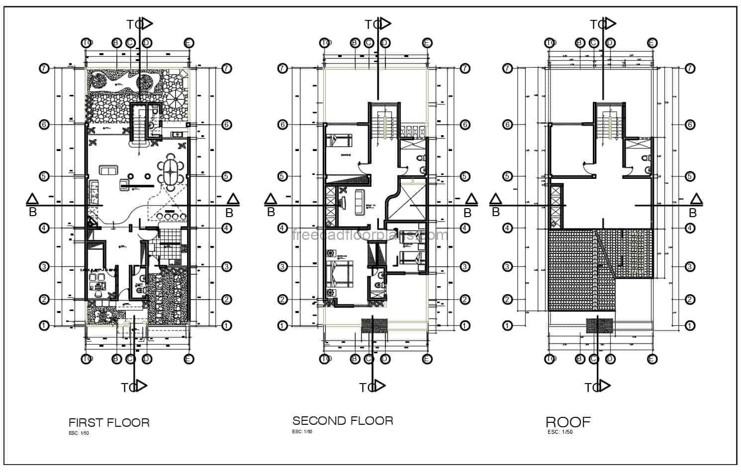 DWG floor plan of a two and a half level residence with three bedrooms in the private area of the second level, basic layout, living room, kitchen, dining room, front and back garden, indoor bar and laundry area. The roof area has a bedroom and bathroom, free downloadable plans in DWG format with dimensions and foundation and floor plans.