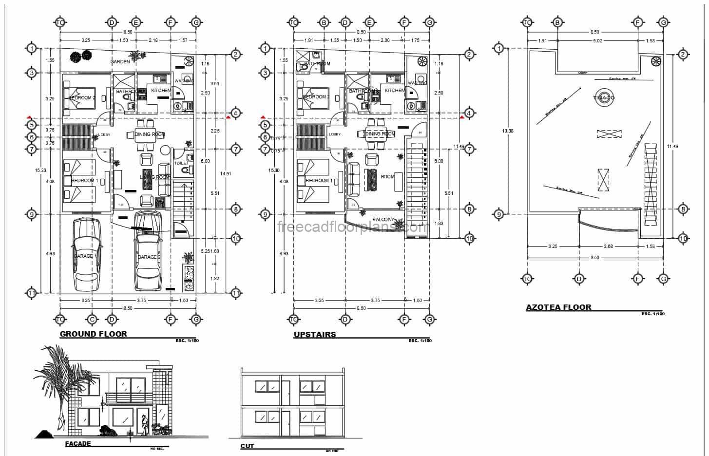 Architectural and dimensional plans in DWG AutoCAD format of a two level residence with four bedrooms, each level has two bedrooms and can function as independent houses. Plans with dimensions and blocks for free download in DWG format.