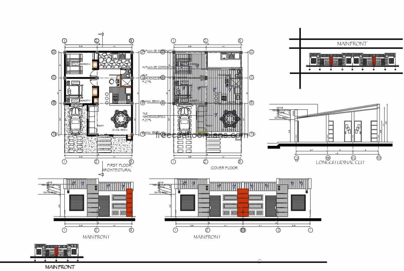Architectural design and dimensioning of small simple residence projected in 2D DWG with two bedrooms and shared bathroom, living room and dining room, simple and small residence but with comfortable distribution, includes laundry area and garage for vehicle. Plans for free download include elevations, sections and the architectural floor plan, DWG format of A