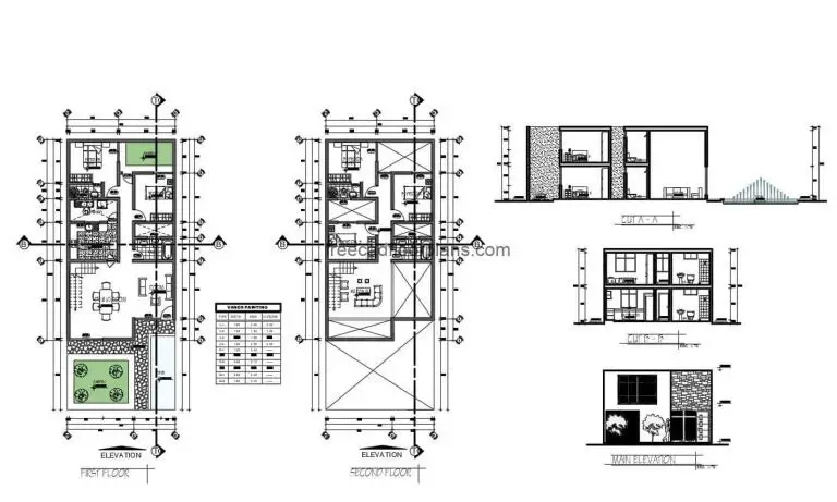 2D drawing in DWG format of architectural plan of a simple house with front and back gardens of five rooms in total, two rooms for each level, on the first level living room, kitchen, dining room, laundry area and two bedrooms. Second level, three bedrooms, family room and two bathrooms. Floor plans for free download, dimensioned floor plan with elevations and sec